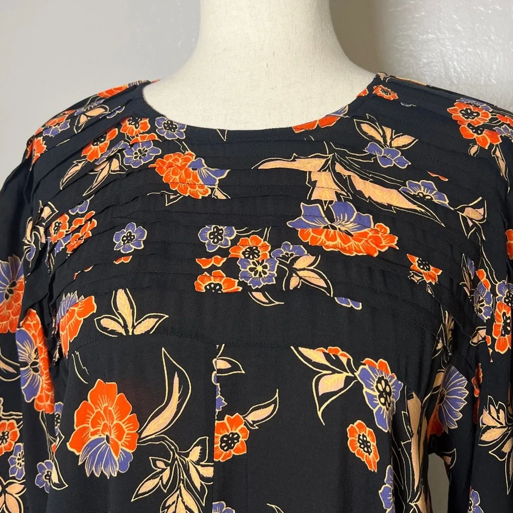 •FREE PEOPLE• Edie Oversized Open Back Hi Low Tunic‎ Top in Black Floral Size XS